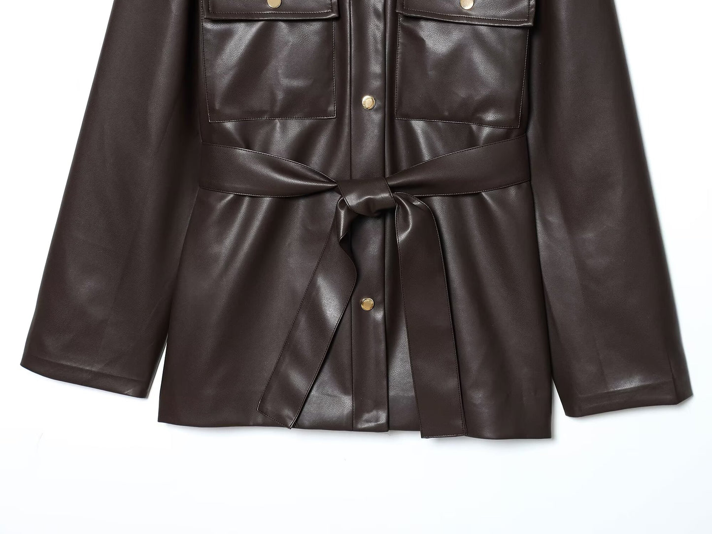 Women's with Belt shirt style faux leather Coat