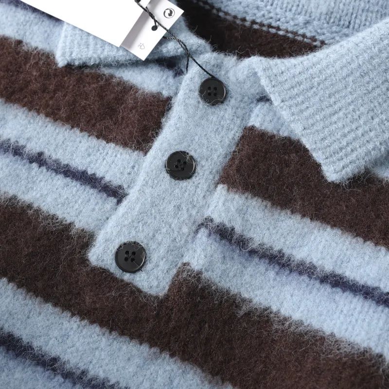 Men's New Fashion Casual Knitted POLO Shirt Striped Lazy Sweater Knitted Sweater Retro Long Sleeve Sweater