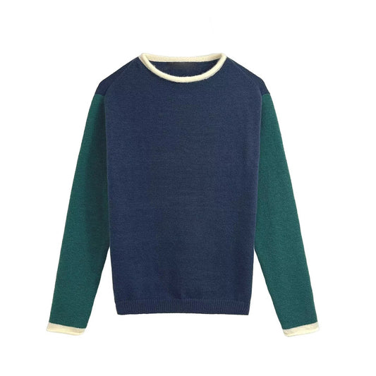 Women's new fashion O Neck long sleeved contrasting knit sweater