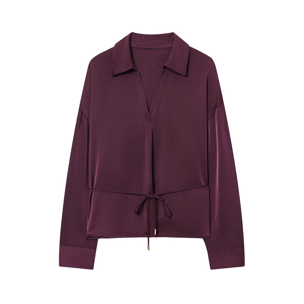 Women's New Fashion With Belt Satin Texture Lapel Shirt