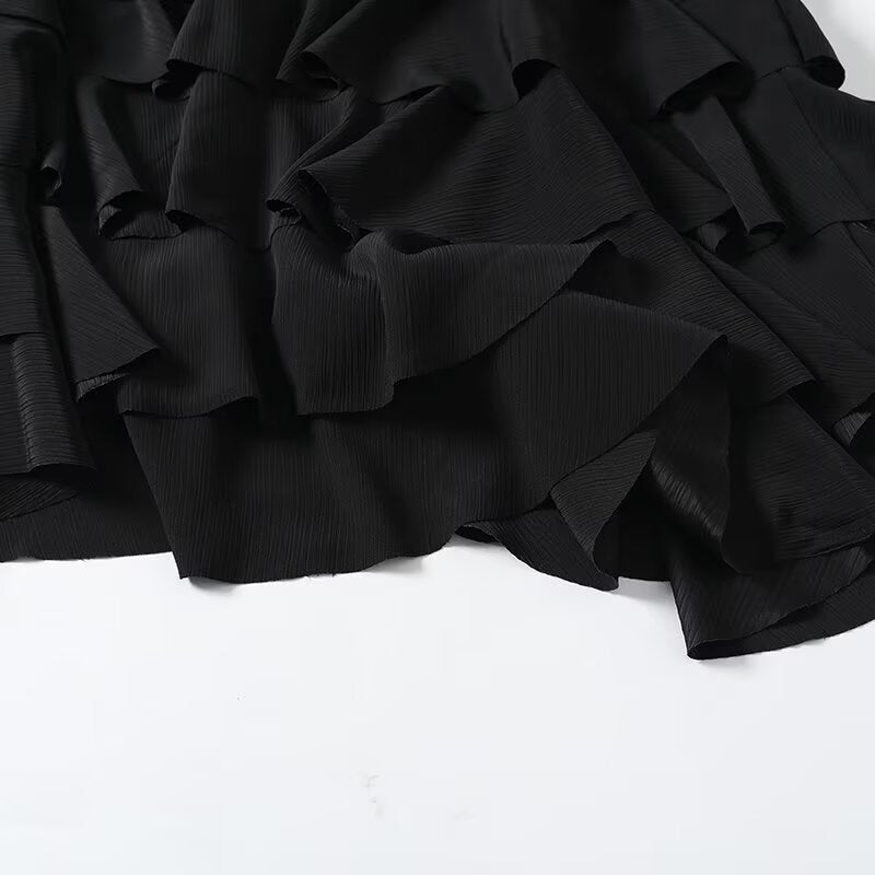 Women's new fashion black ruffled draped MIDI skirt