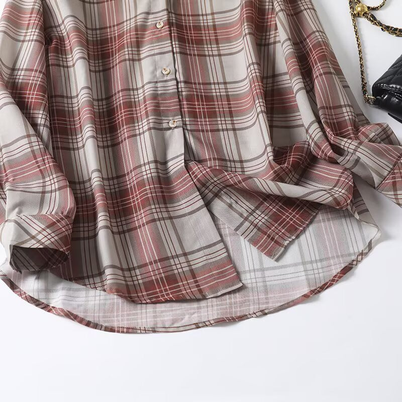 Women's new fashion long sleeved stand collar plaid printed shirt