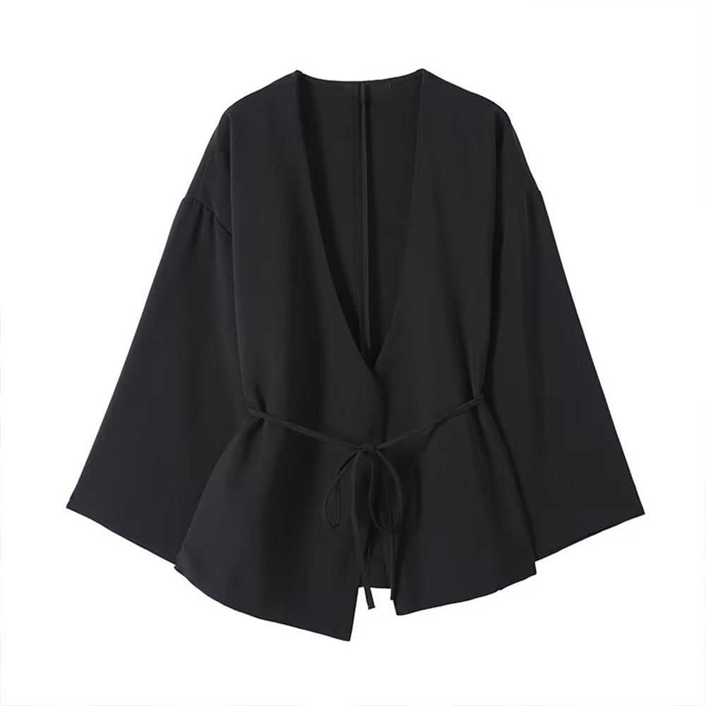 Women's new fashion black draped V-neck lace up shirt