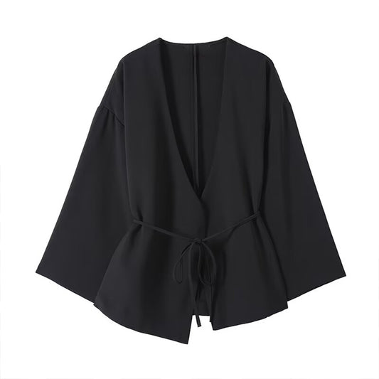 Women's new fashion black draped V-neck lace up shirt