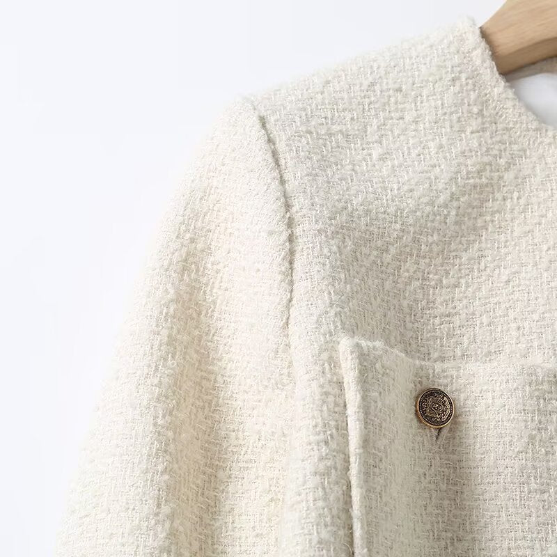 Women's gold button decoration casual O Neck Coat