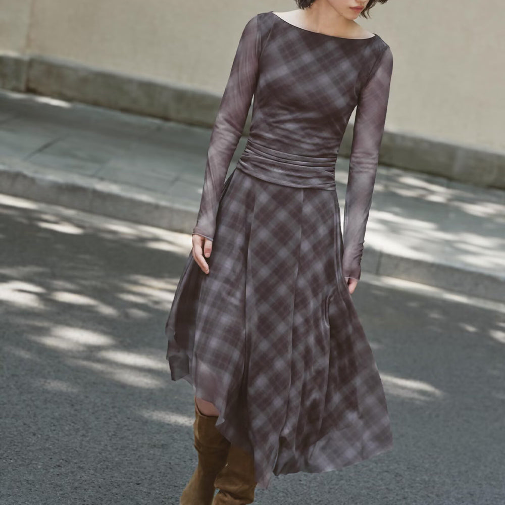 Women's 2025 New Fashion Grid tulle Asymmetric Midi Dress
