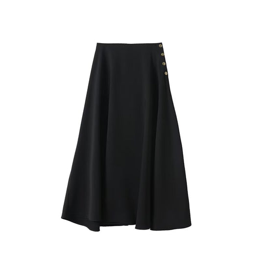 Women's buckle decoration black draped trumpet Midi skirt