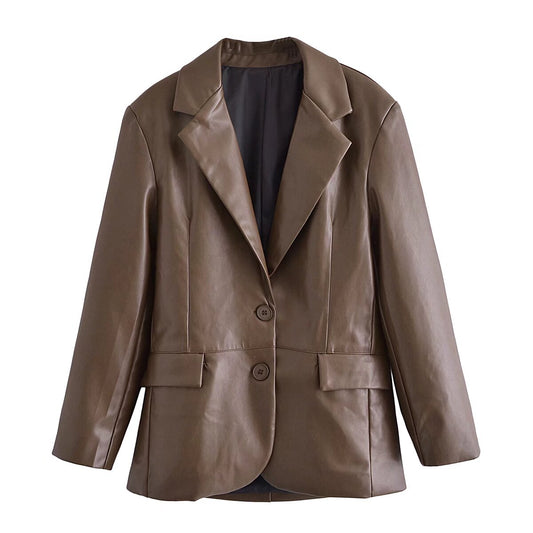 Women's new fashion casual patchwork imitation leather suit jacket