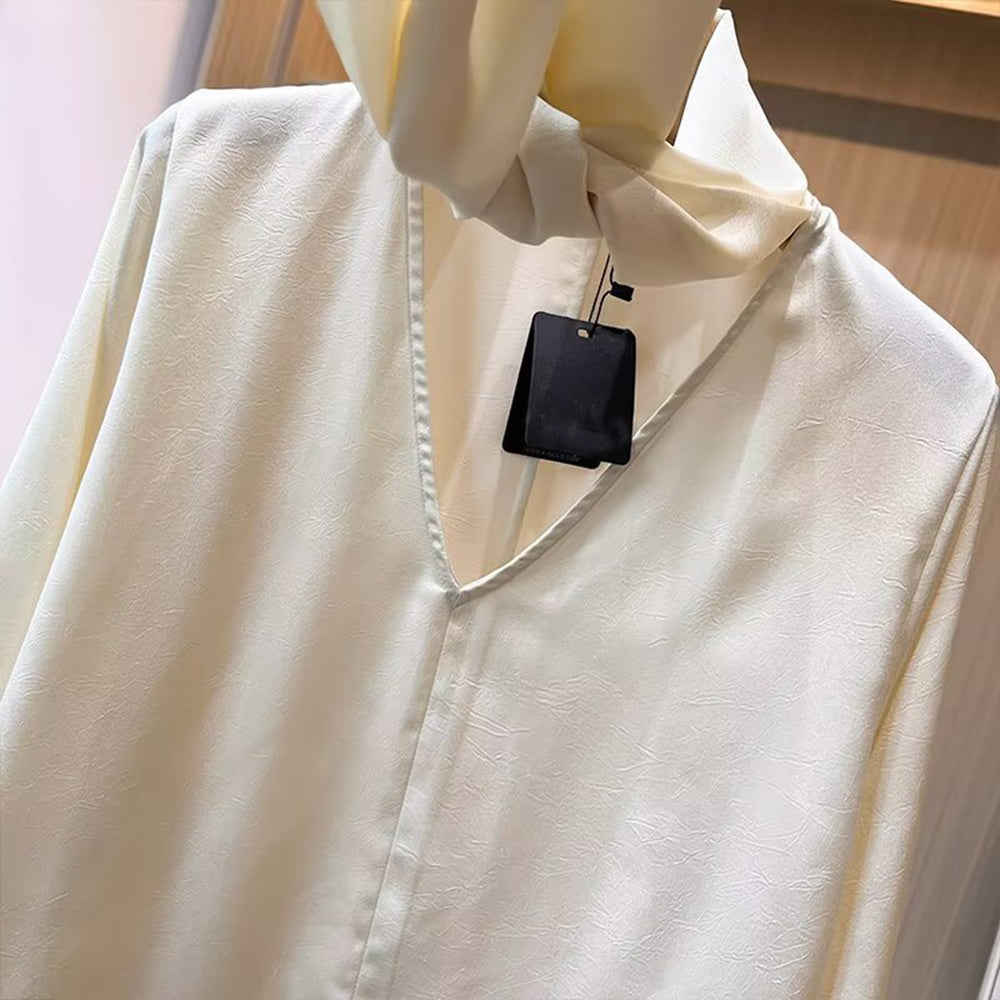 Women's new fashion ribbon decoration long sleeved V-neck draped shirt