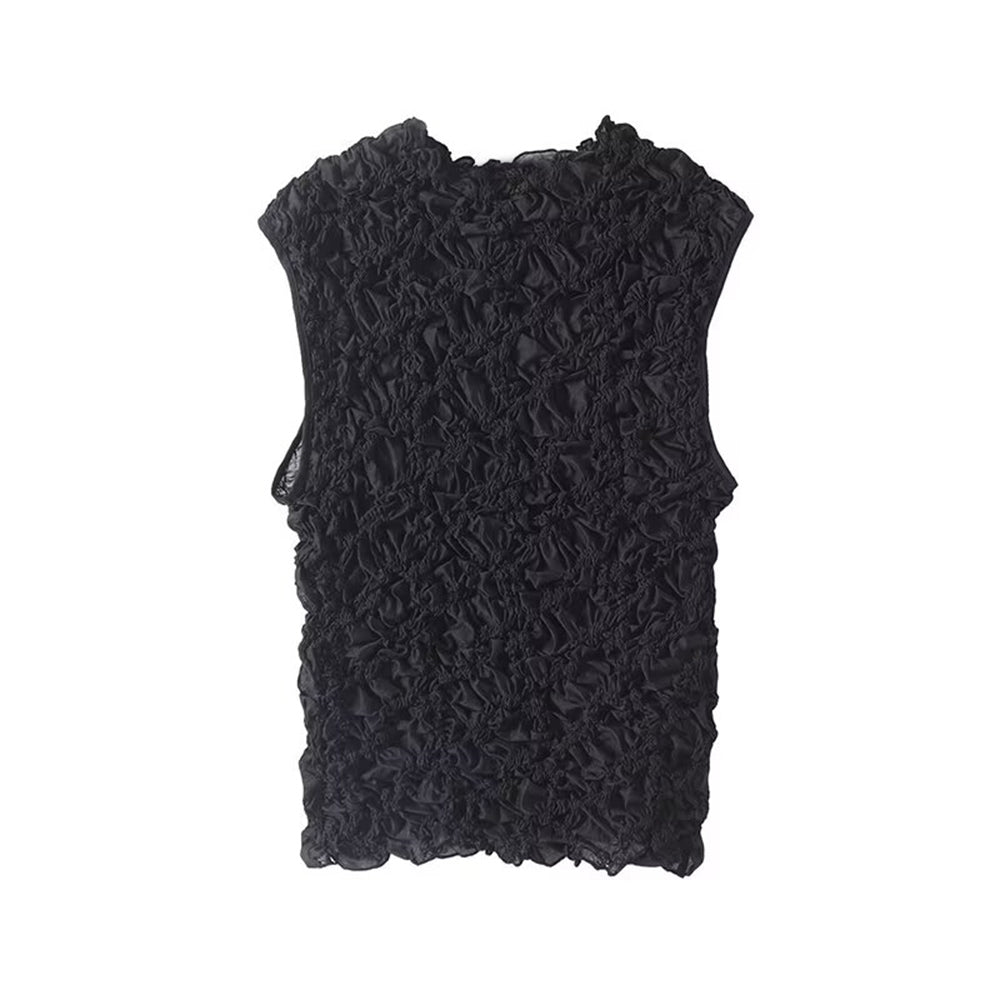Women's new fashion embroidered pleated half high neck sleeveless T-shirt top