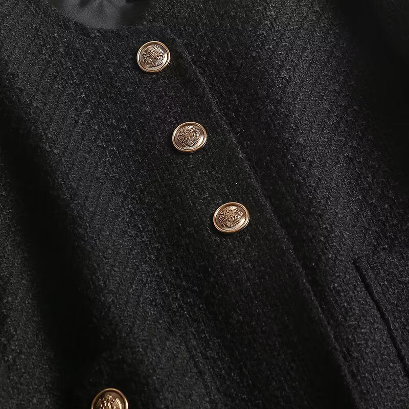 Women's gold button decoration O Neck textured Coat