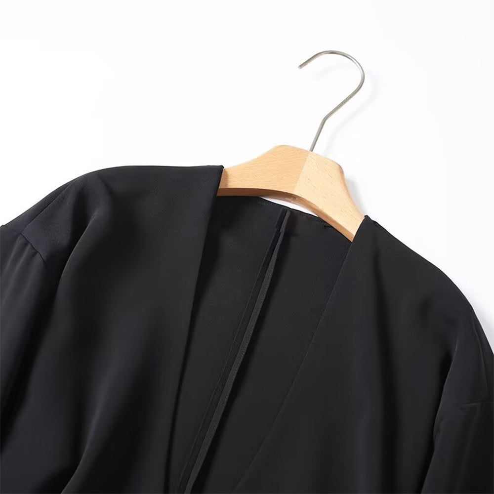 Women's new fashion black draped V-neck lace up shirt