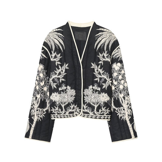 Women's short V-neck printed quilted jacket Coat