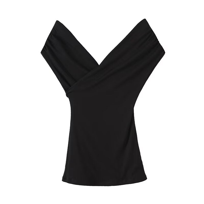 Women's new fashion slim one shoulder V-neck T-shirt top