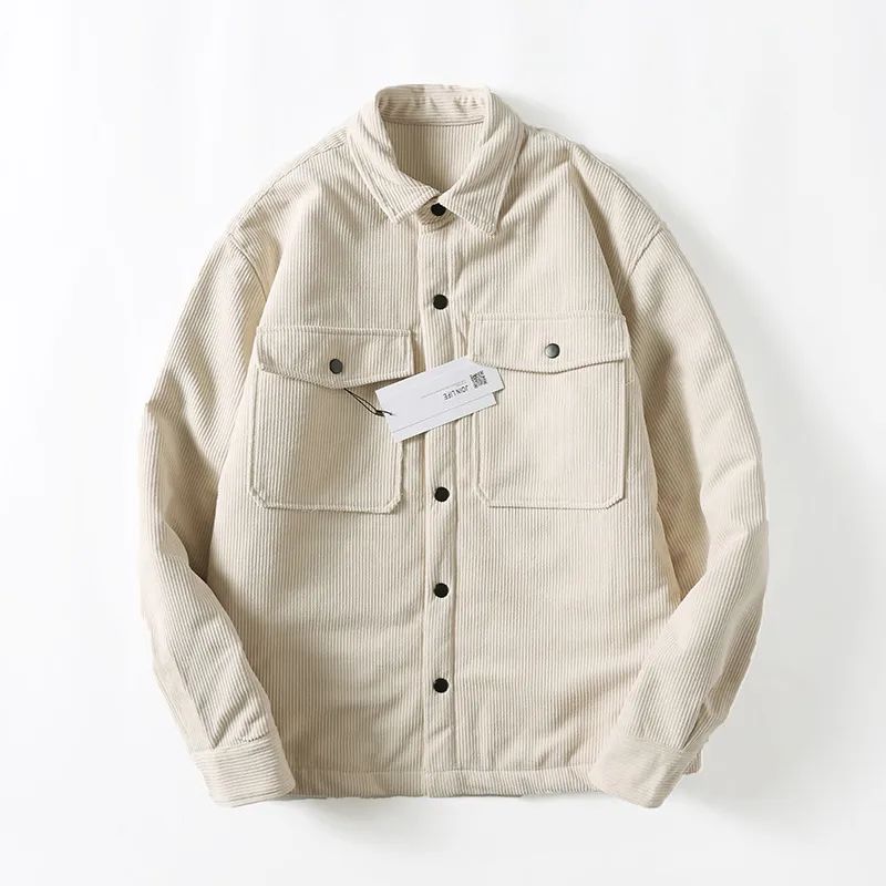 Men's New Fashion Casual Joker Tooling Flip Patch Pocket Corduroy Loose Shirt Coat Retro Coat.