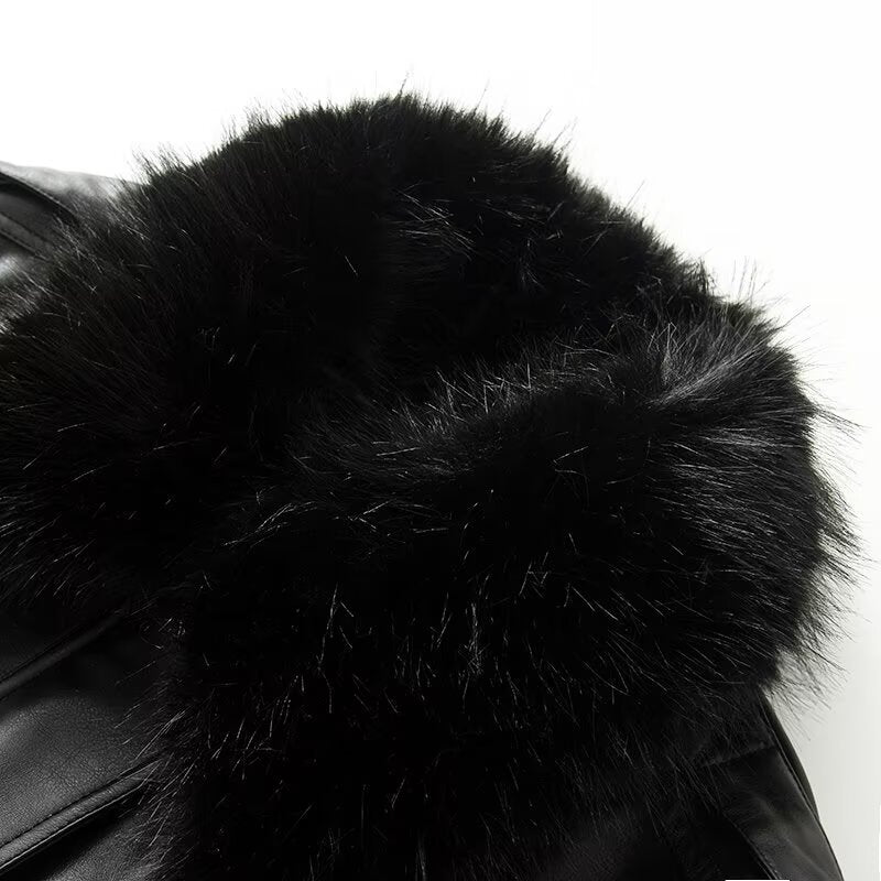 Women's black detachable faux Leather fur collar jacket Coat