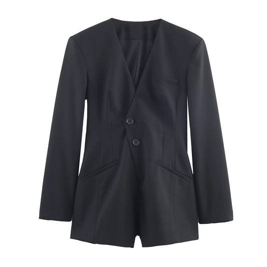 Women's black V-neck Blazer Coat style short jumpsuit