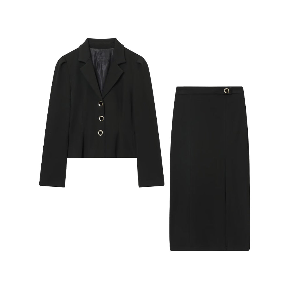 Women's new fashion bubble sleeve hem waist cinched suit jacket+Skirts suit