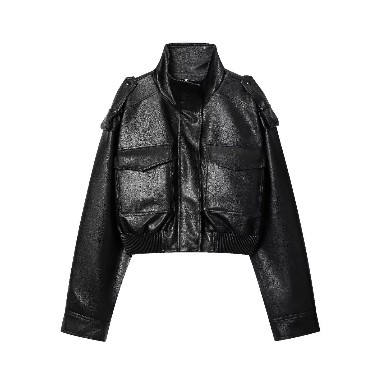 Women's new fashion faux leather effect short stand collar jacket Coat