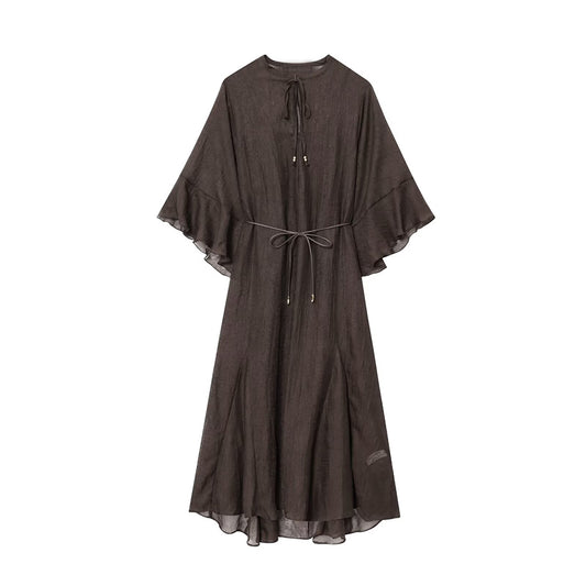 Women's new fashion with Belt loose semi transparent MIDI dress