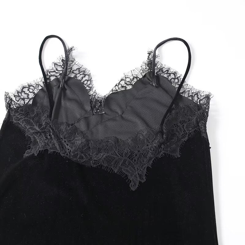 Women's asymmetrical velvet lace suspender dress