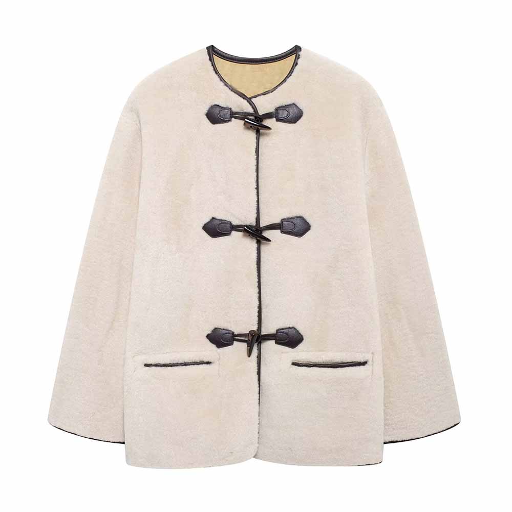 Women's winter Fashion loose warm Fur Faux Leather jacket coat retro long sleeved rope Knot buttoned women's coat Chic top