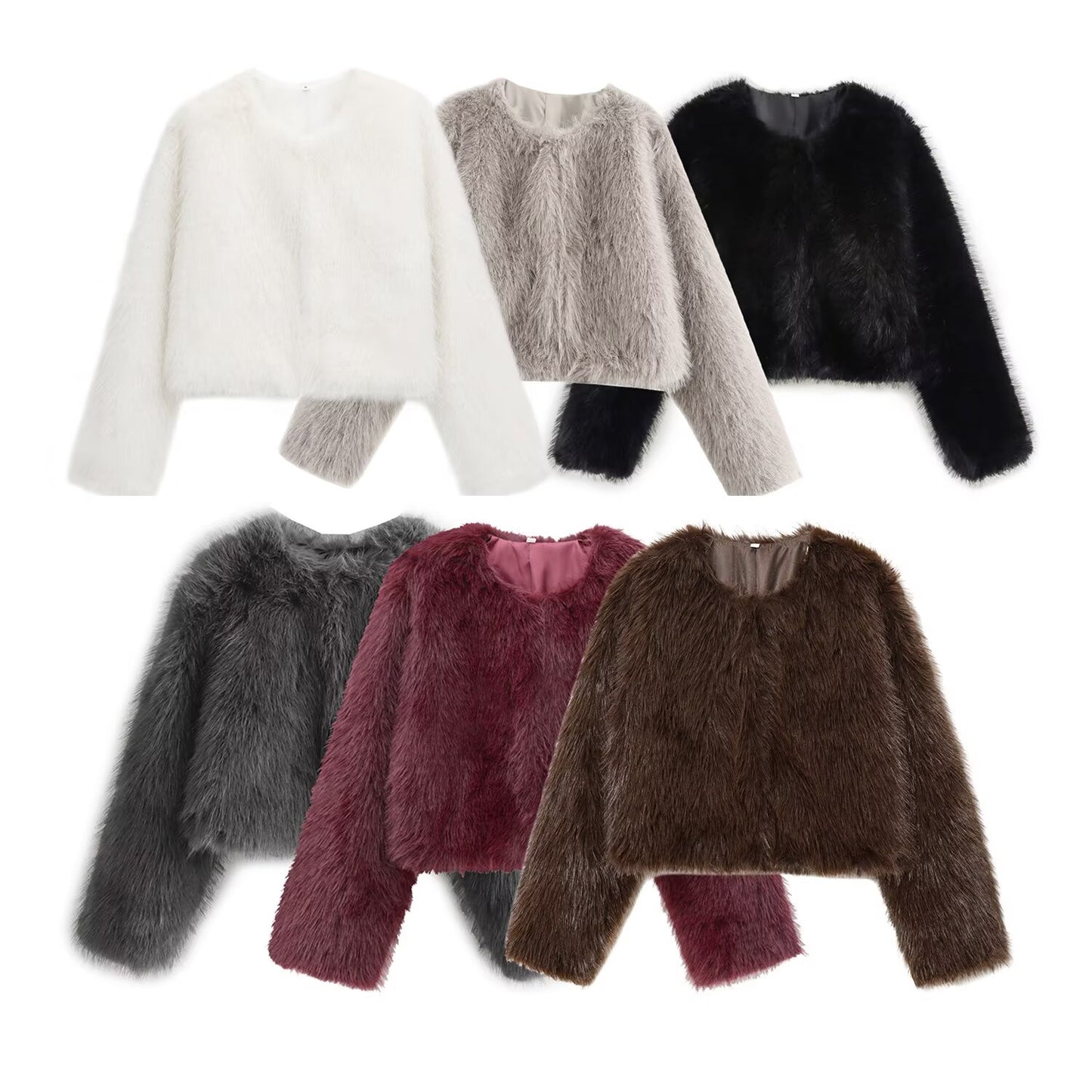 Women's New Artificial fur effect short O Neck jacket Coat