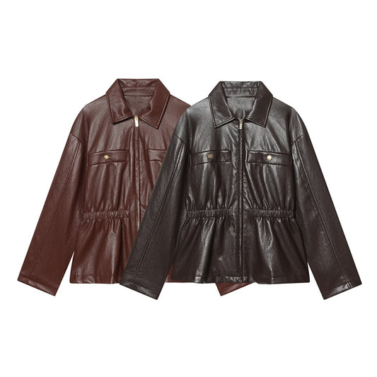 Women's elastic waist imitation leather jacket Coat