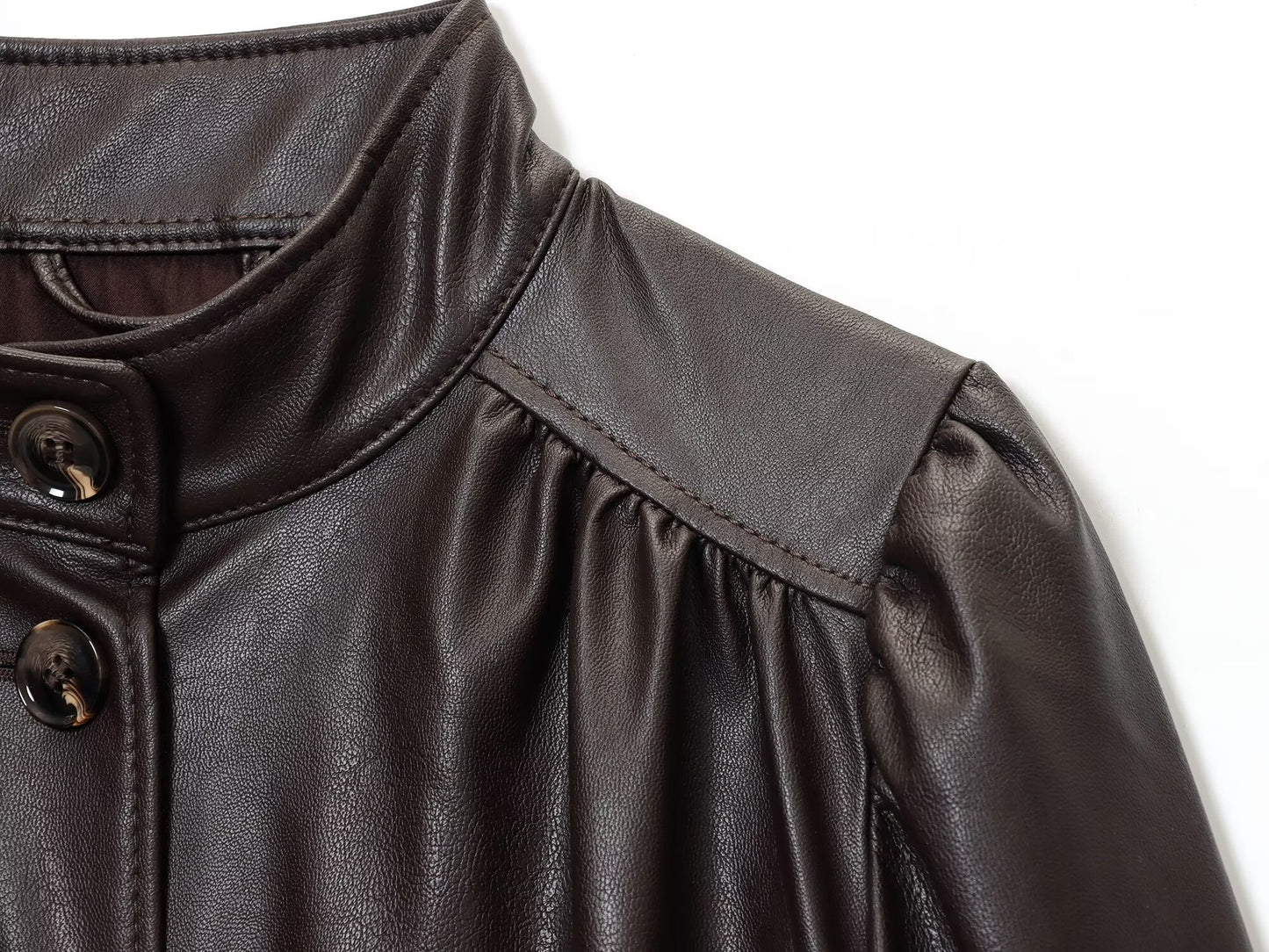 Women's pleated design stand collar faux leather jacket Coat