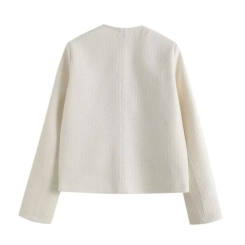 Women's gold button decoration O Neck textured Coat