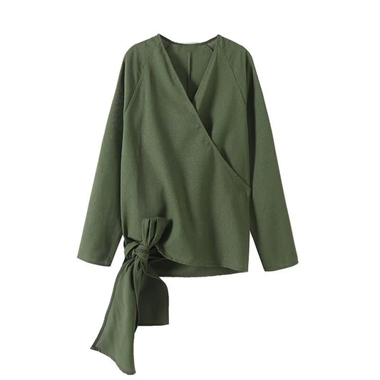 Women's new fashion knot decoration linen blended V-neck shirt