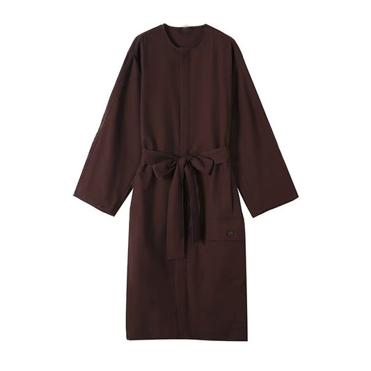Women's New Fashion With Belt Linen Blended Shirt Style Midi Dress
