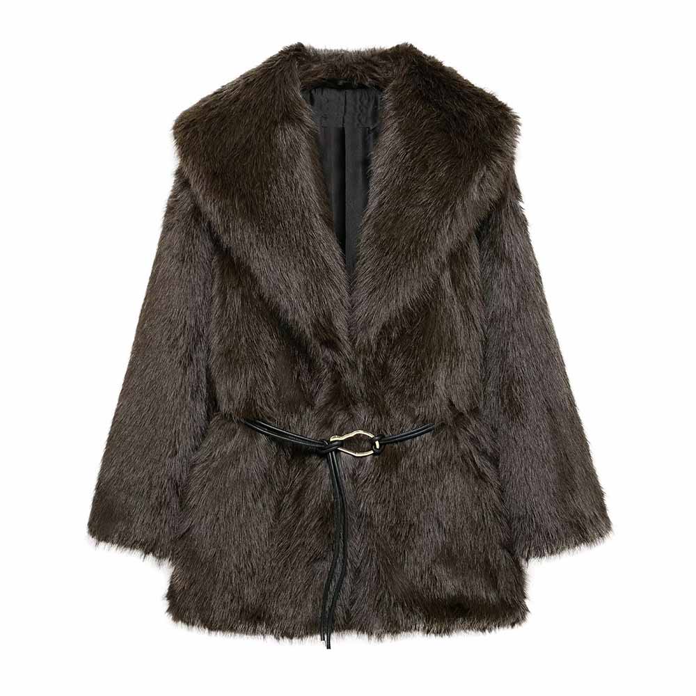 Women's Winter Fashion With Belt Loose Artificial Fur Effect Thick Warm Lapel Coat Retro Long Sleeve Women's Coat Chic Top 