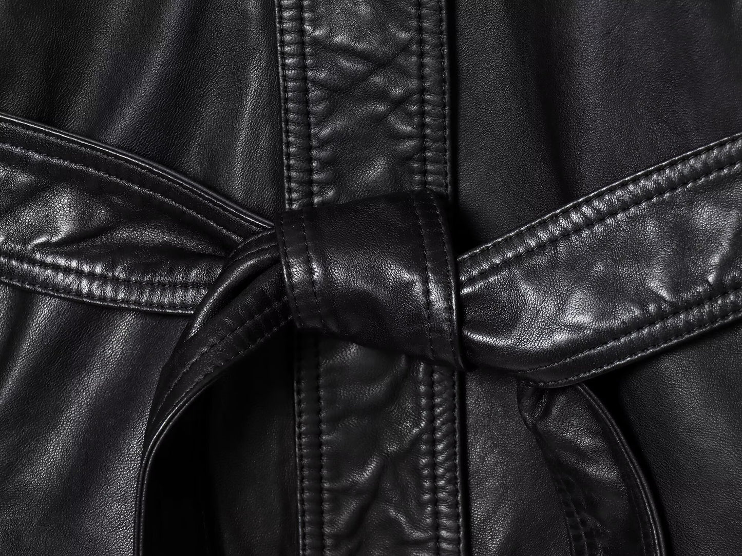 Women's with Belt Black Faux Leather Lapel Coat