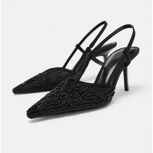 2026 New Style Mesh Breathable Embroidered Beaded Pointed Toe Sandals for Women with High Heels