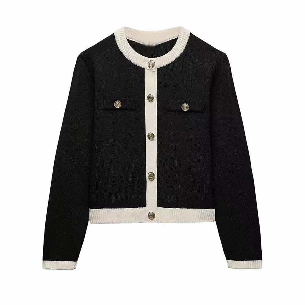 Women's new fashion gold button decoration slim short patchwork knitted coat retro O Neck long sleeved women's coat chic top 