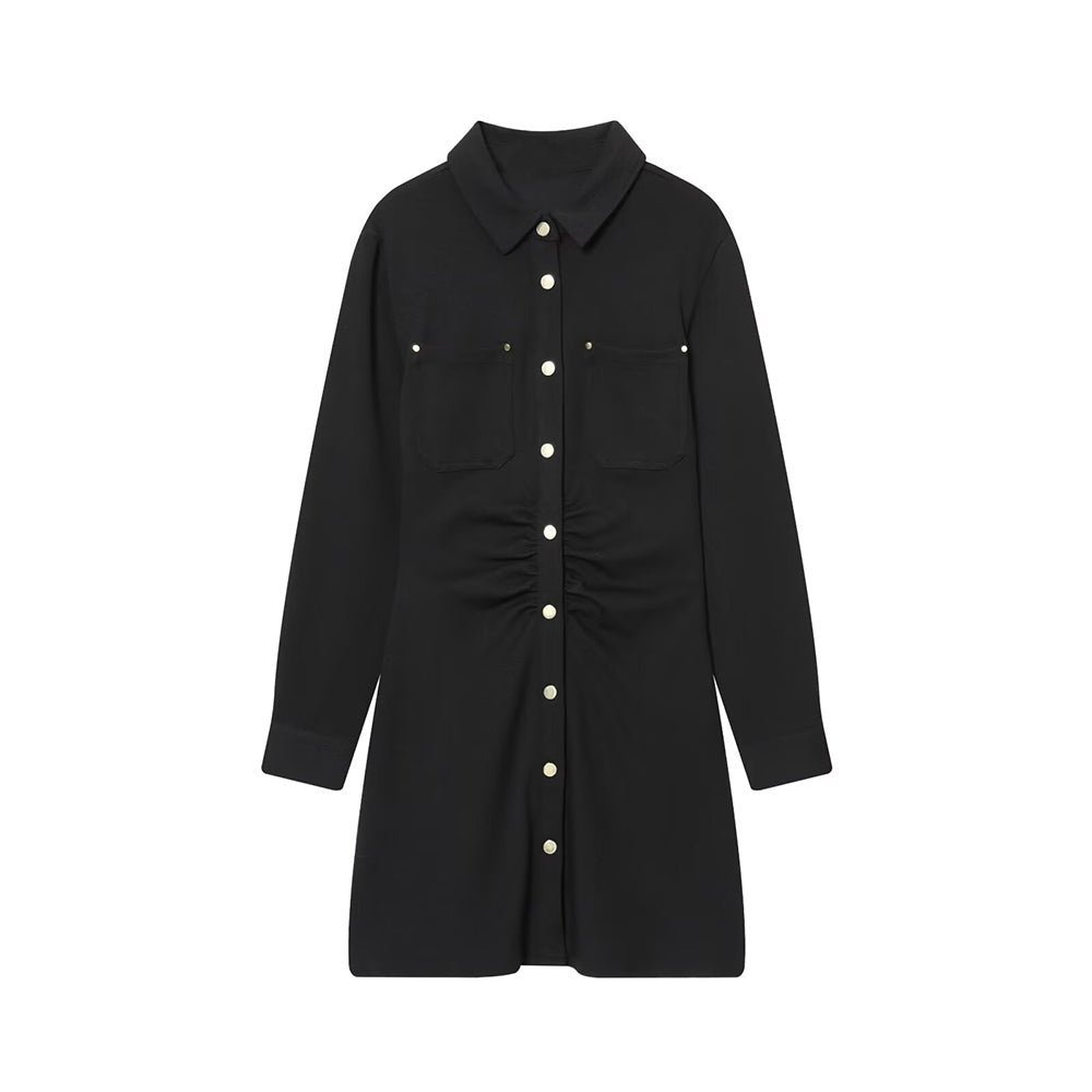 Women's new fashion slim shirt style pleated mini dress