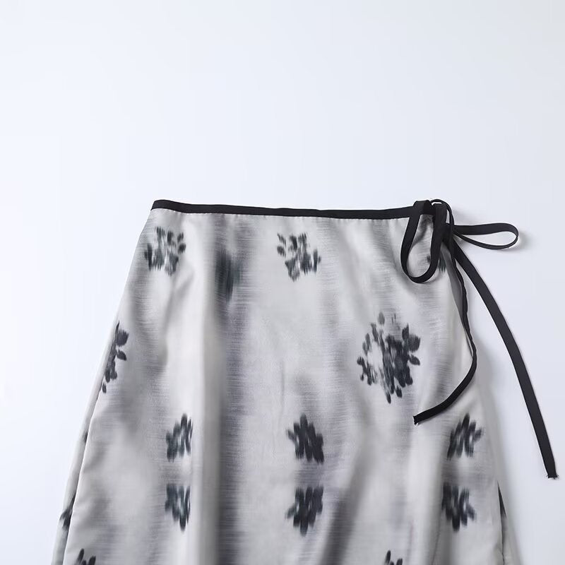 Women's new fashion Knot Lace up waist design printed MIDI skirt