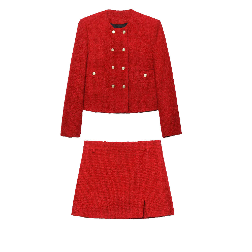 suit Women's 2 pieces short O Neck textured Blazer Coat +Skirt