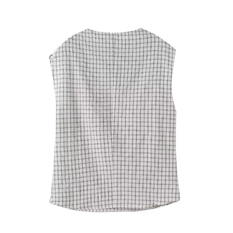 Women's 2025 new fashion draped collar plaid sleeveless shirt