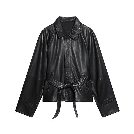 Women's with Belt Black Faux Leather Lapel Coat
