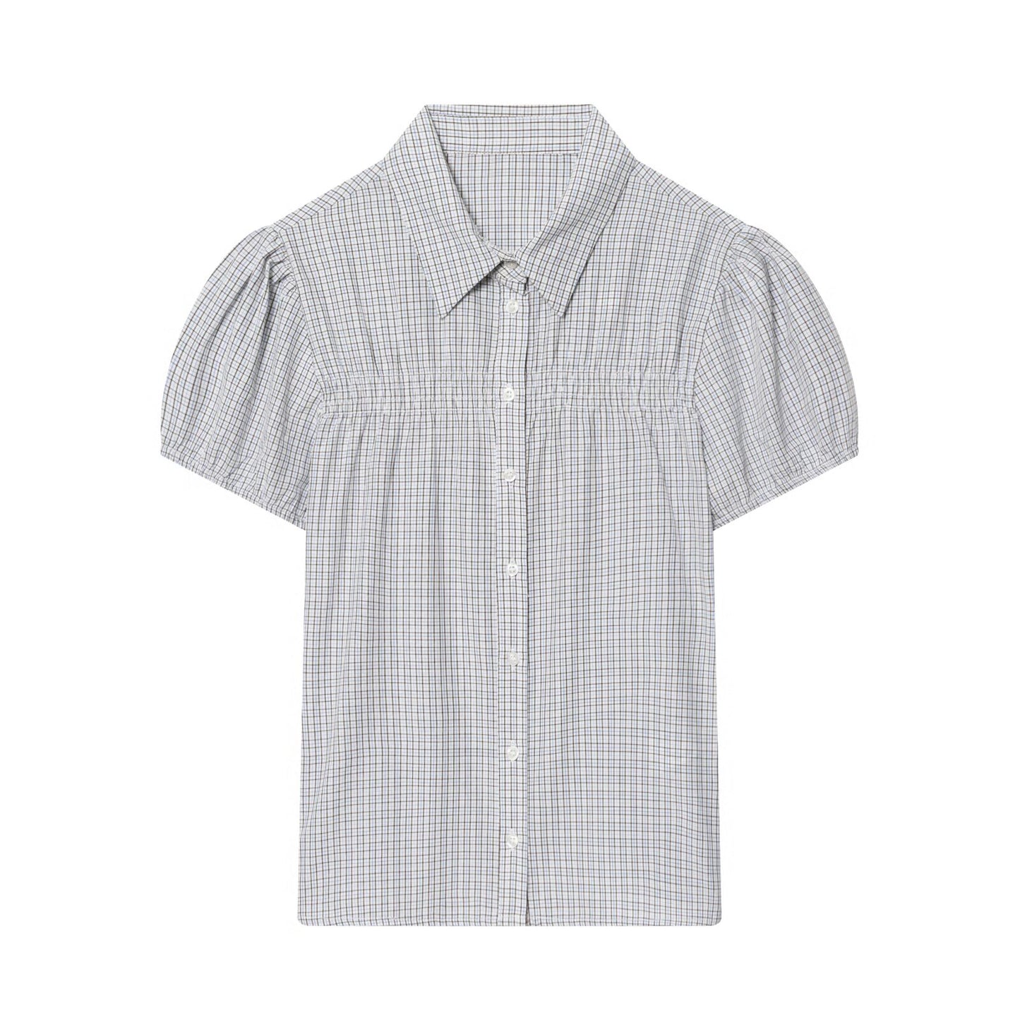 Women's short sleeved plaid elastic poplin shirt