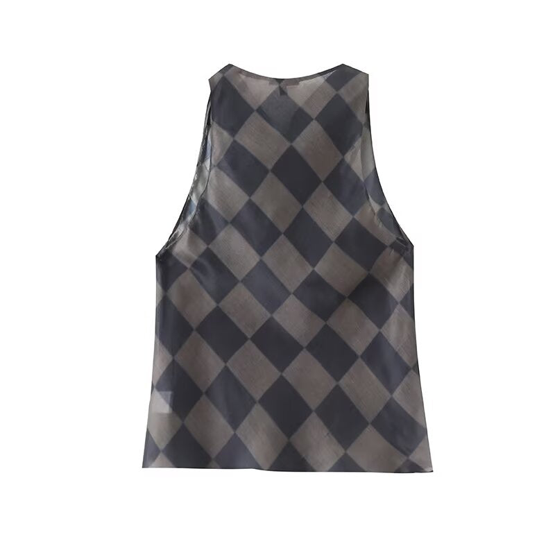Women's 2025 new fashion sleeveless plaid hanging neck top+Skirts suit