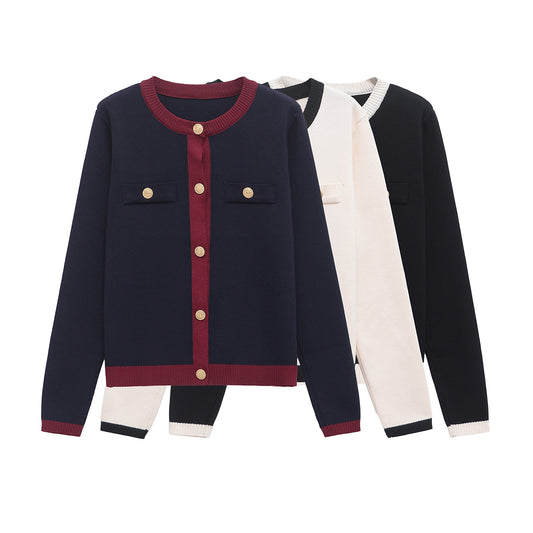 Women's new versatile fashion O-neck gold button knitted long sleeve cardigan