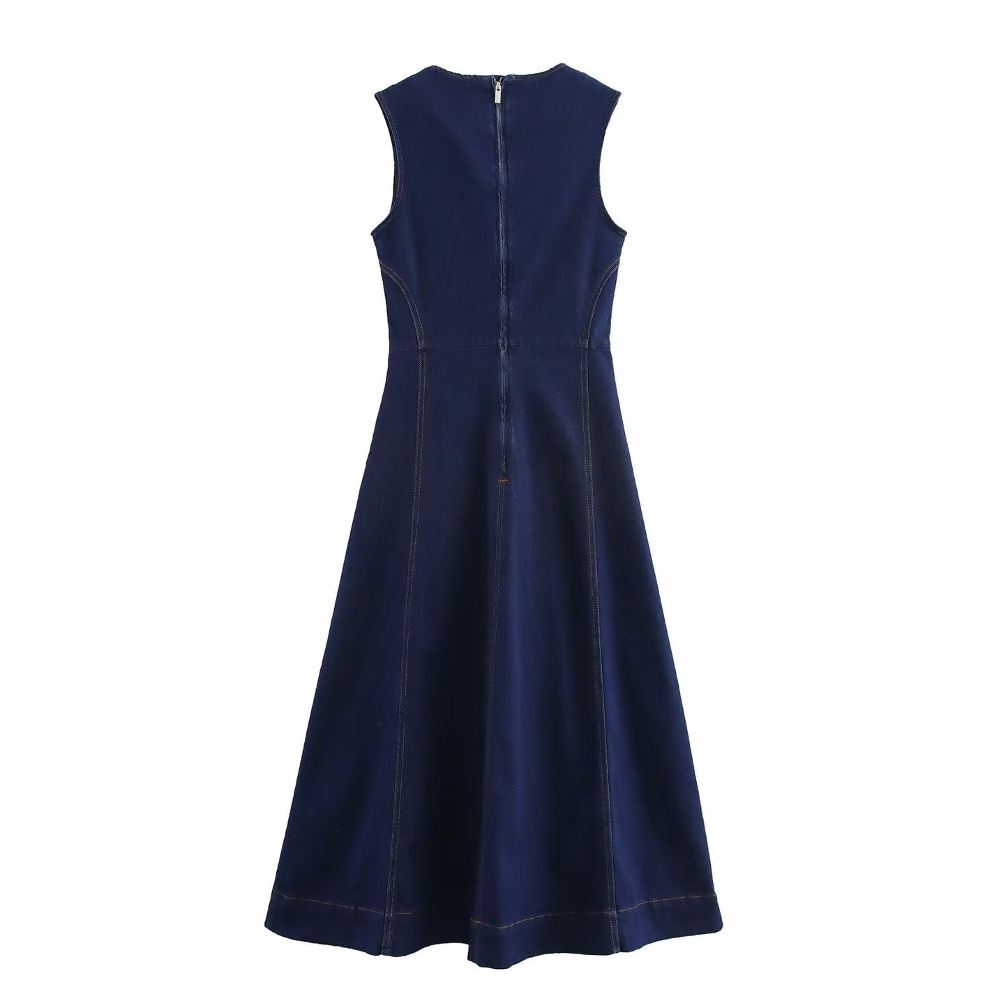 Women's new chic Fashion slim fit casual versatile wide pleated denim Midi dress retro round neck long sleeved women's dress Mujer