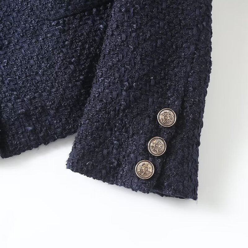 Women's gold button decoration short O Neck textured Coat