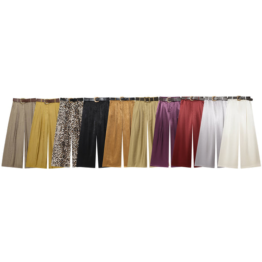 Women's with Belt loose satin textured wide leg pants