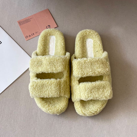Women's new Velcro thick-soled fur slippers have a shoe box