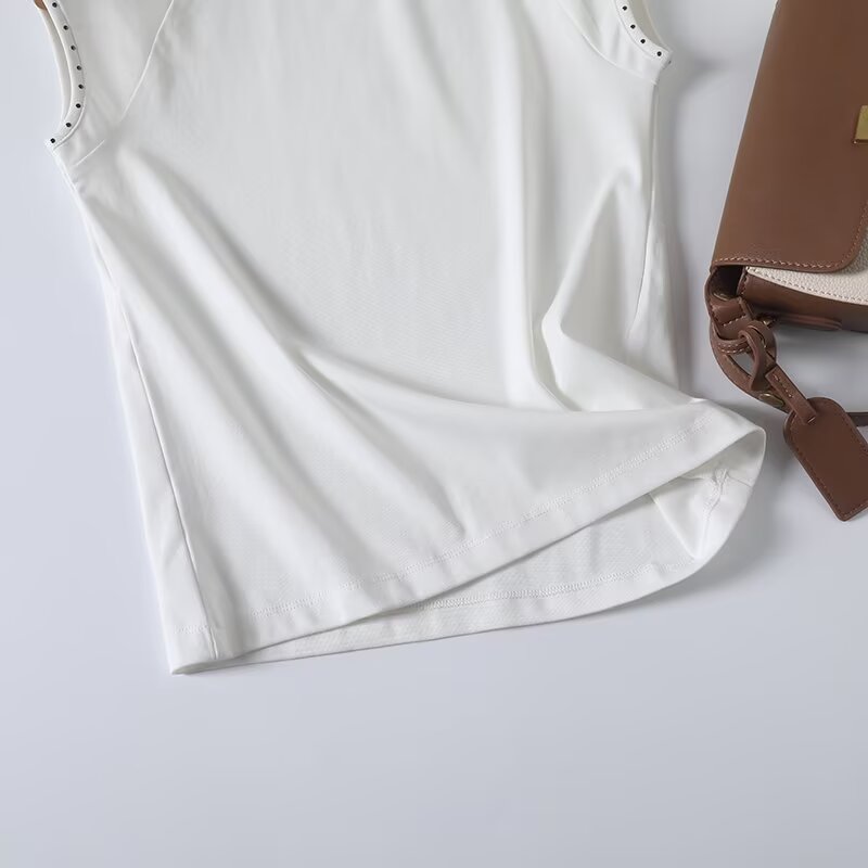 Women's new fashion rivet decoration slim O-Neck T-shirt top