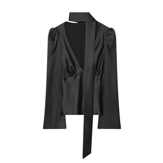 Women's scarf decoration V-neck satin textured shirt